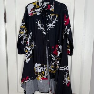Dilemma Jackson pollack style Abstract Print Black Button-Up Shirt Dress size lg